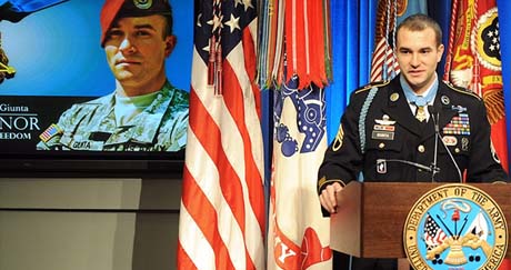 Medal of Honor recipient Army Staff Sgt. Salvatore Giunta thanks his teammates from Company B, 2nd Battalion (Airborne), 503rd Infantry Regiment and all those in the room that helped shape his life, during his induction ceremony into the Hall of Heroes. (Photo Credit: U.S. Army)