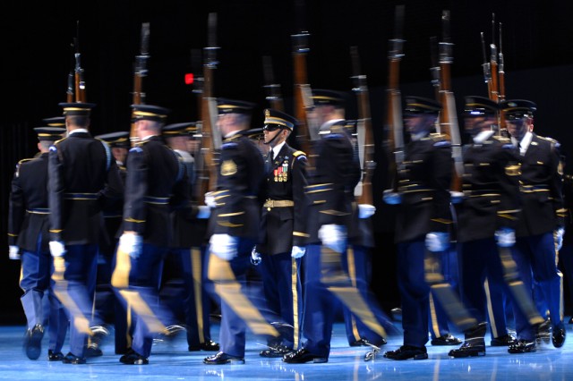 Soldiers from the U.S. Army Drill Team perform at the Army birthday Twilight 