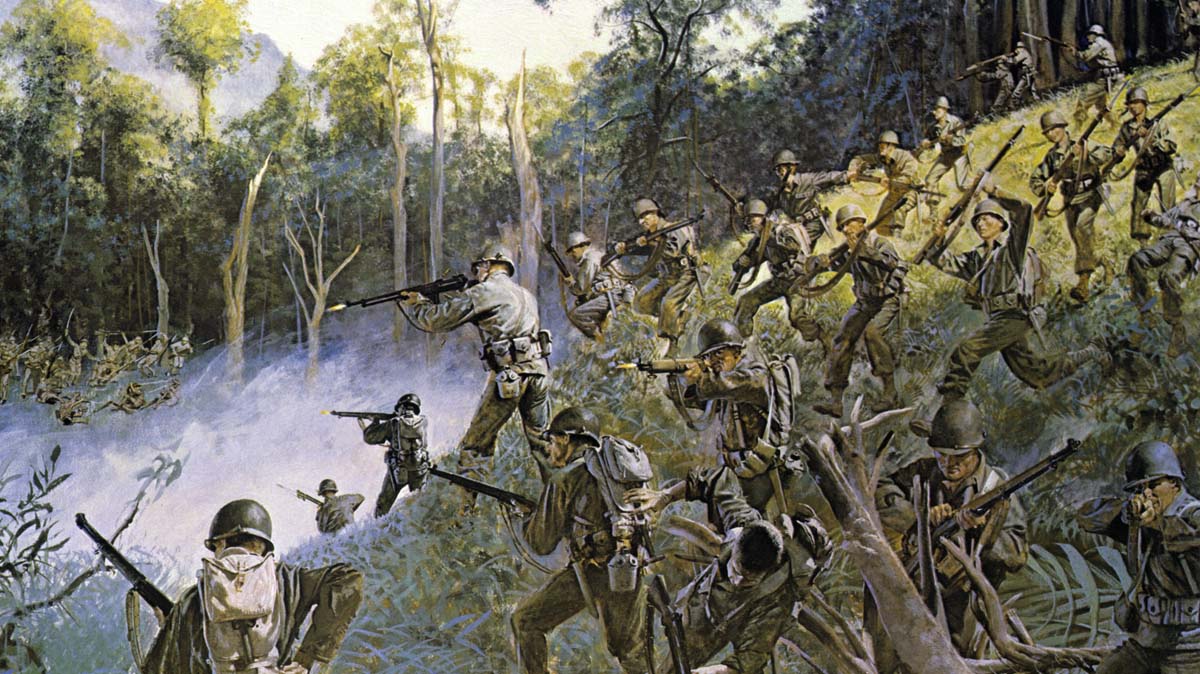 The illustration, Cuidado — Take Care, Bushmasters!, depicts the 158th Infantry Regiment during the Bicol Campaign, Luzon, Philippine Islands, April 3-4, 1945. Photo courtesy of U.S. Army Center of Military History