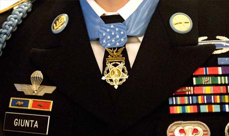 Close up of Medal of Honor on Army Staff Sgt. Salvatore Giuntas uniform during a ceremony in the East Room of the White House in 2010. Giunta, from Hiawatha, Iowa, is the first living veteran of the wars in Iraq and Afghanistan to receive the award. (Photo Credit: U.S. Army)