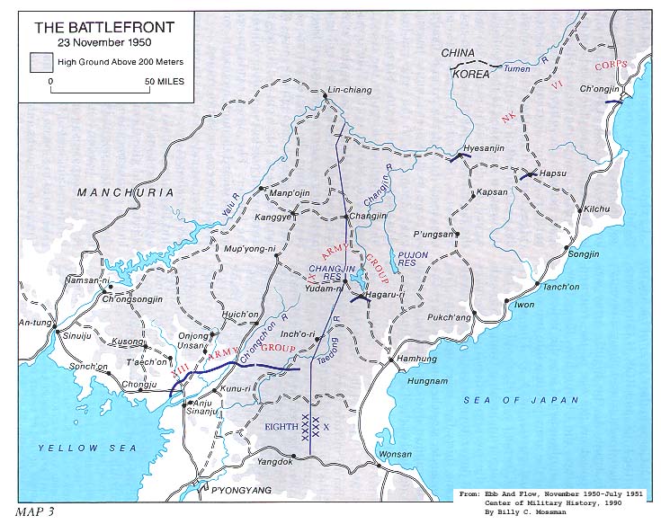 Korean War map, The Battlefront, November 1950. Courtesy the U.S. Army Center of Military History.