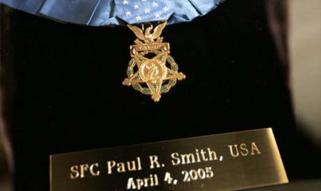 The Medal of Honor for Sgt. 1st Class Paul Smith. Awarded posthumously Monday, April 4, 2005, during ceremonies at the White House. Photo by Paul Morse.