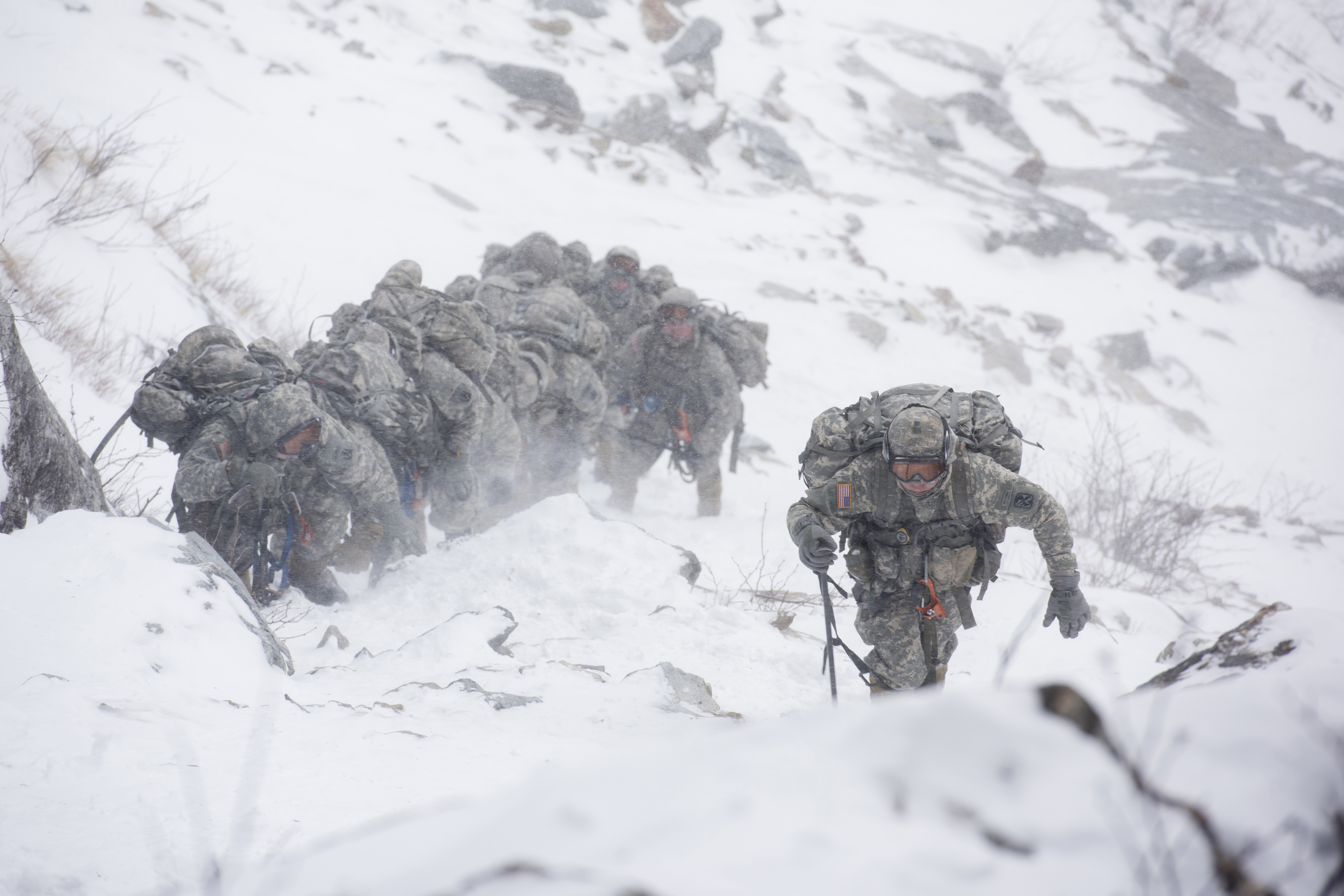 Soldiers attending the U.S. Army Mountain Warfare School in Jericho, Vt