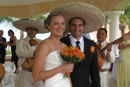 'Staff Sergeant Giunta and his wife at their wedding with sombrero's on