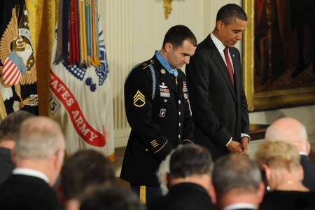 Staff Sergeant Giunta and President Obama on stage