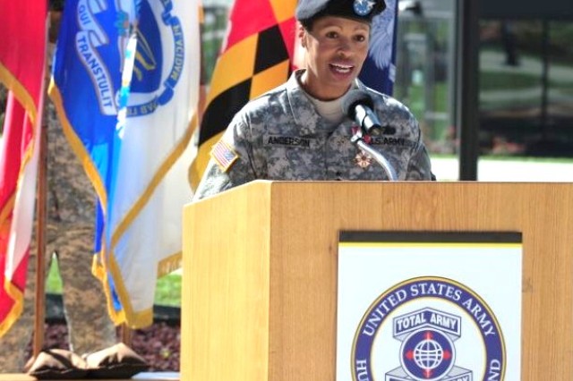 Maj. Gen. Marcia M. Anderson, deputy commanding general of the U.S. Army
Human Resources Command, delivers remarks at a Promotion and Farewell
ceremony in her honor Sept. 29 at Fort Knox, Ky. Anderson, awarded a
Legion of Merit during the ceremony, is the first-ever female U.S. Army
African-American officer to obtain the rank of major general. (Photo Credit: Sally Harding, Ft Knox VI).