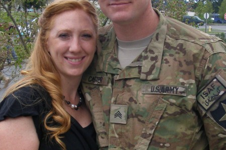 Sgt. Ty Carter pauses for a final photo with his wife Shannon before deploying from Joint Base Lewis-McChord, Wash., May 2012, with A Troop, 8-1 Cavalry, 2nd Stryker Brigade Combat Team, 2nd Infantry Division.