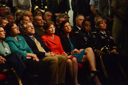 New Hampshire Senators Jeanne Shaheen and Kelly Ayotte (center), watch as former Staff Sgt. Ryan M. Pitts, Medal of Honor recipient, is inducted into the Hall of Heroes during a Pentagon ceremony, July 22, 2014. Pitts hometown is Nashua, N.H. Other notables who attended were Deputy Defense Secretary Robert Work, Army Secretary John M. McHugh, Secretary of the Army Gen. Ray Odierno, and, Sgt. Maj. of the Army Raymond F. Chandler III. Pitts family and Soldiers he served with were also in attendance.