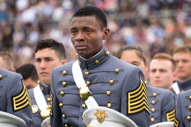 Cadet Alix Idrache sheds tears of joy during the commencement for the U.S. Military Academy's Class of 2016 at Michie Stadium in West Point, May 21. Nine hundred and fifty-three cadets graduated, which represented approximately 78 percent of the cadets who entered West Point in the summer of 2012. Vice President Joe Biden was the graduation speaker. This is the 218th graduating class of West Point. This class included 151 women, 77 Hispanics, 71 Asian/Pacific Islanders, 69 African-Americans and 12 Native Americans. The class also had 25 combat veterans (24 male, one female).