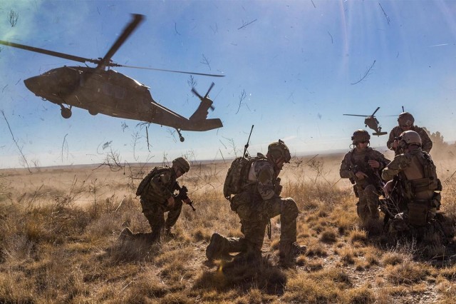 A tactical air control party from the 13th Air Support Operations Squadron at Fort Carson, Colorado, prepares for helicopter extraction from the 4th Combat Aviation Brigade, Nov. 10, 2016. 