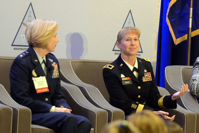 Air Force Lt. Gen. VeraLinn "Dash" Jamieson, deputy chief of staff for Intelligence, Surveillance and Reconnaissance (left); and, Brig. Gen. Patricia Frost, director, Cyber, Army G-3/5/7, were among the participants in AFCEA Washington, D.C.-sponsored "Women in DOD: Agents of Change," March 22, 2017, held in Arlington, Va. 
