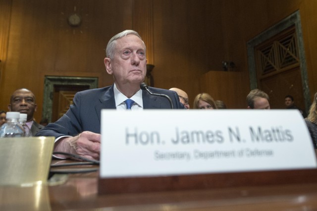 Defense Secretary James N. Mattis discusses the Defense Department's fiscal year 2017 budget request during testimony before the Senate Appropriations Committee, March 22, 2017.