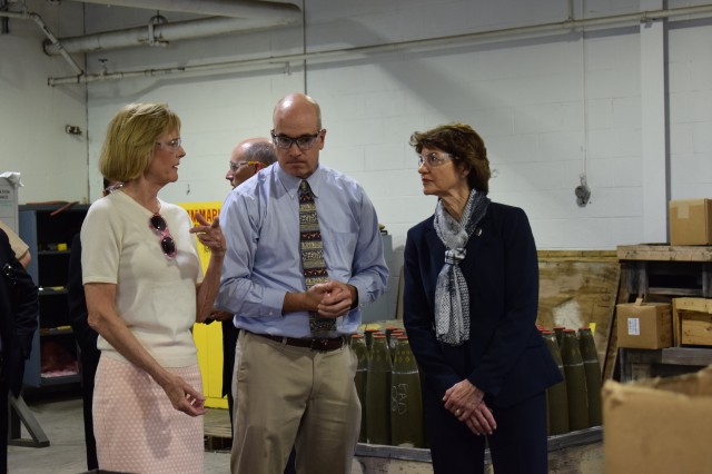 Indiana's lieutenant governor, Suzanne Crouch, visited Crane Army Ammunition Activity on May 18. While on base, Crouch, and president of Indiana Economic Development Corporation, Elaine Bedel, toured CAAA's pyrotechnic facility and future Flexible Manufacturing Complex, and was briefed by Deputy to the Commander Norman Thomas, on CAAA's continued missions of future readiness for the Joint Warfighter. Crouch toured the future Flexible Manufacturing Complex, where she was briefed on how the facility will expand Crane Army's capabilities in the future.