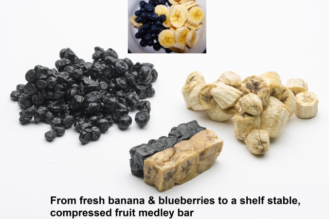 Scientists in the Combat Feeding Directorate at the Natick Soldier Research, Development and Engineering Center are investigating vacuum microwave drying, or VMD, technology to create high quality, low-weight, food items for the warfighter. In this image, fresh bananas and blueberries have been made into a shelf-stable, compressed fruit medley bar.