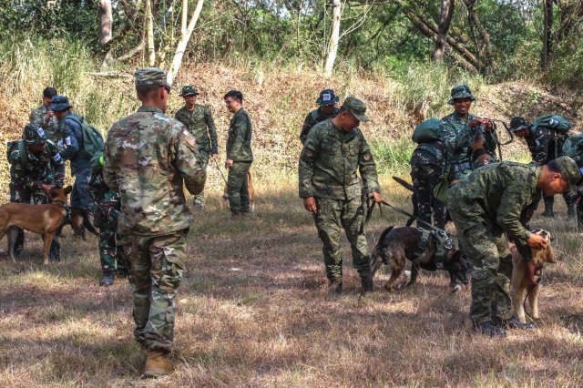 Staff Sgt. Michael Holmes, the MWD Plans NCO from the 520th Working Dog Detachment, teaches an American training technique to desensitize Philippine dogs to the sound of gunfire on March 6, 2019, at Camp Aquino. The dogs learn not to panic at the sound of gunfire to ensure safety of their handlers and those around them. Salaknib is an annual, bilateral exercise sponsored by U.S. Army Pacific and hosted by the Philippine Army, contributing to and enhancing U.S. and Philippine defense readiness and tactical interoperability while strengthening multinational relationships.