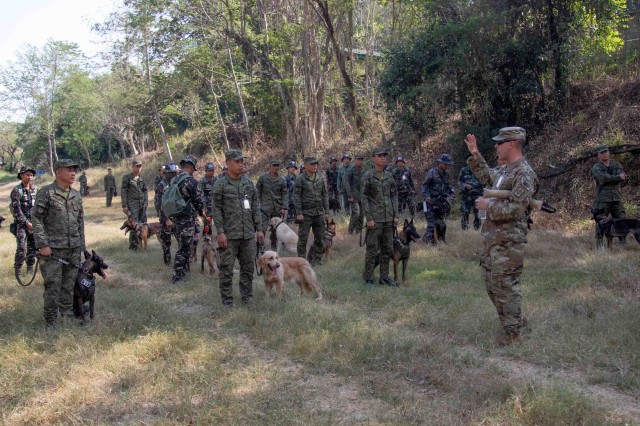 Staff Sgt. Michael Holmes from the 520th Military Working Dog Detachment runs Filipino Soldiers, Marines and Police K9 handlers through a U.S. firearms desensitation drill on Camp Aquino, Philipines.  This training teaches working dogs not to panic near gunfire to ensure their safety and the safety of their handlers.  Holms remarked that if this training happend every year both countries would greatly benefit, stating that there is a lot that he's been learning fro the Philippine dog handlers and they have been learning a lot from him.
