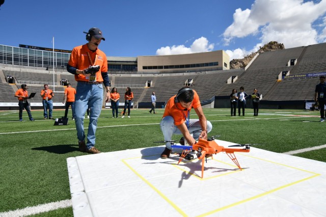 Undergraduate students from the University of Texas at El Paso prepare their unmanned aerial vehicle for a flight demonstration as part of the U.S. Army's inaugural HBCU/MI Design Competition held at the UTEP Sun Bowl Stadium April 23-24, 2019.The competition, led by the U.S. Army Combat Capabilities Development Command, challenged 11 undergraduate student teams from historically black colleges and universities and other minority serving institutions (HBCUs/MIs) to develop solutions to real-world technical challenges faced by U.S. Army researchers in the area of unmanned aerial vehicles, commonly called drones.