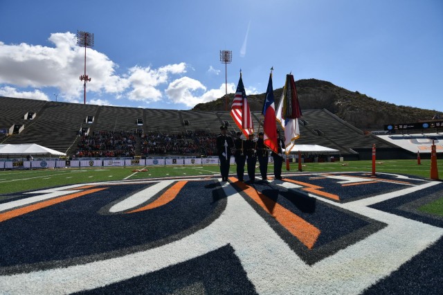 The UTEP Army ROTC Fighting Miner Battalion color guard presents the colors for the singing of the national anthem to start the the U.S. Army's inaugural HBCU/MI Design Competition held at the University of Texas at El Paso's Sun Bowl Stadium April 23-24, 2019.The competition, led by the U.S. Army Combat Capabilities Development Command, challenged 11 undergraduate student teams from historically black colleges and universities and other minority serving institutions (HBCUs/MIs) to develop solutions to real-world technical challenges faced by U.S. Army researchers in the area of unmanned aerial vehicles, commonly called drones.