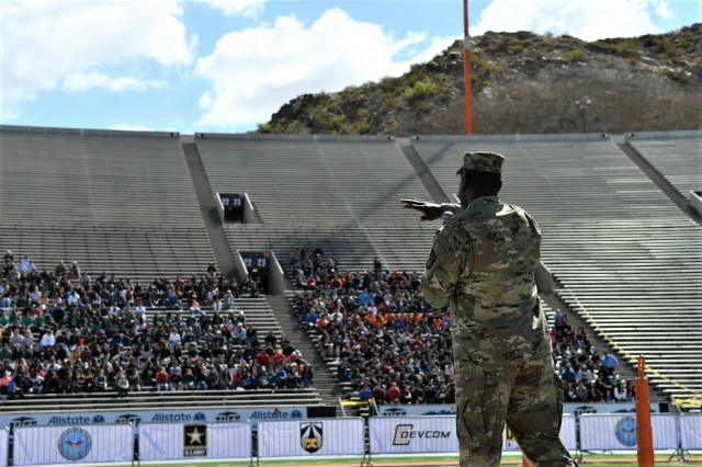 Maj. Gen. Cedric Wins, commander of the U.S. Army Combat Capabilities Development Command, welcomes El Paso area middle and high school students to the Army's inaugural HBCU/MI Design Competition held at the University of Texas at El Paso's Sun Bowl Stadium April 23-24, 2019.The competition, led by CCDC, challenged 11 undergraduate student teams from historically black colleges and universities and other minority serving institutions (HBCUs/MIs) to develop solutions to real-world technical challenges faced by U.S. Army researchers in the area of unmanned aerial vehicles, commonly called drones.
