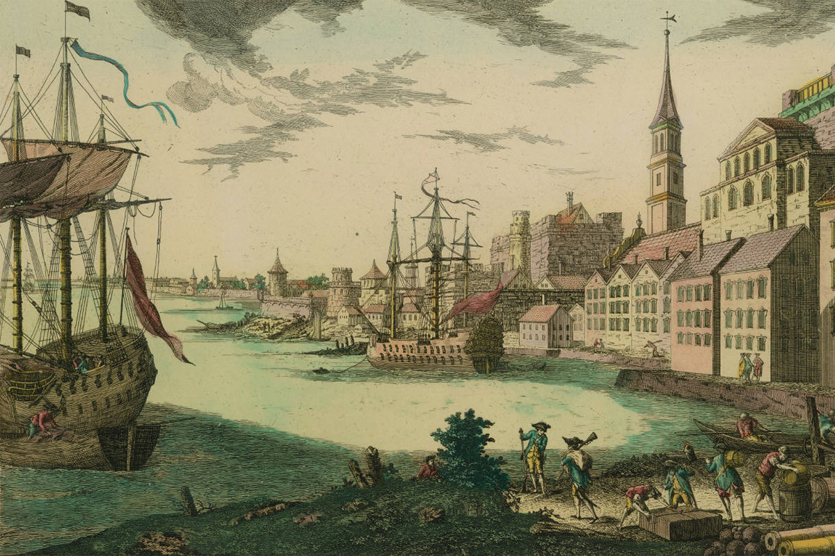 This engraving, created by French artist François Xavier Habermann, shows a view of the Boston Harbor, circa 1776.