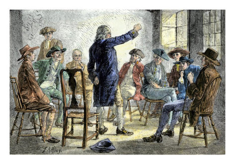This print, created by E.A. Abbey, illustrates a reality of American politics in 1774-1775. For many colonists, the revolutionary spirit was forged in dialogue with their friends and neighbors. Small gatherings afforded an opportunity to air concerns and share ideas for the best response to increasingly offensive British regulation.
