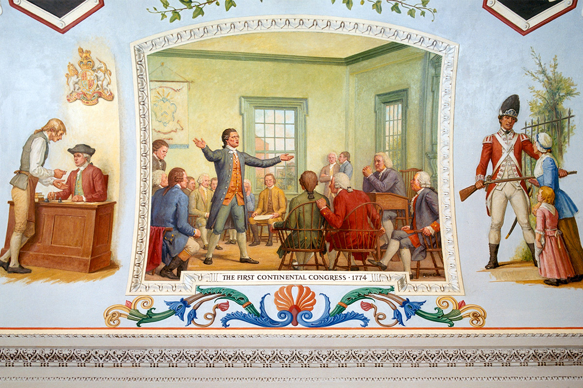 The First Continental Congress, 1774 is a mural at Great Experiment Hall, Cox Corridors, in the U.S. Capitol, created by Allyn Cox. The oil canvas depicts delegates from 13 colonies that met in Philadelphia to discuss responses to increased British oppression. (Left) A colonist is shown making a tax payment. Taxation without representation was a major complaint against the royal government. (Right) A soldier blocks the path of a woman and child, symbolizing the armed occupation that incensed many colonists.