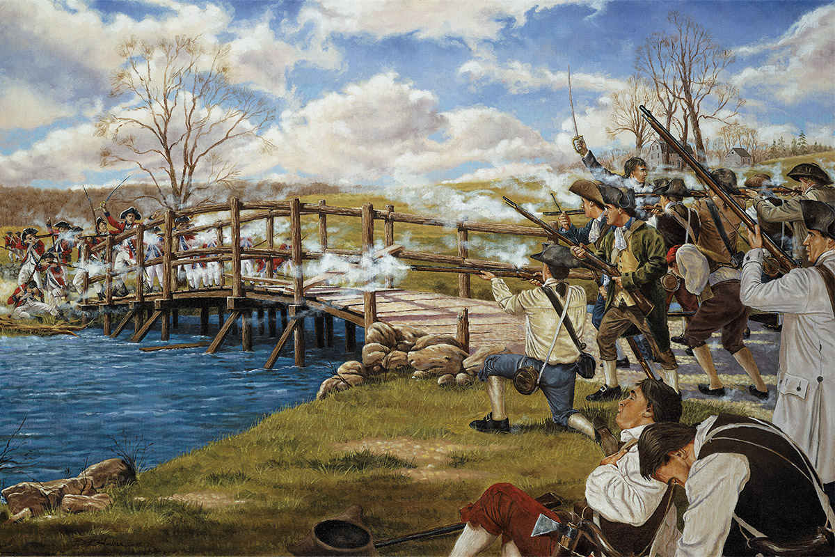 The Shot Heard 'Round the World, created by Domenick D'Andrea, depicts minutemen and militia in combat with British regulars at the Old North Bridge in Concord, Mass., April 19, 1775, in what proved to be the opening battle of the Revolutionary War.