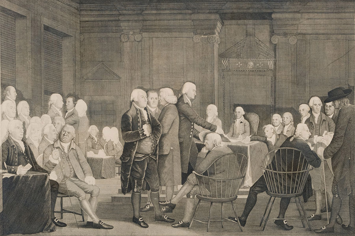 Congress Voting the Declaration of Independence. Originally painted by Robert Edge, the image was engraved by Edward Savage, which shows men gathered in the assembly room of the Pennsylvania State House, presently known as Independence Hall, in Philadelphia. Completed figures include John Adams, Roger Sherman, James Wilson, and Thomas Jefferson handing a document to John Hancock, president of the Congress. Seated in the front from left to right are Samuel Adams, Robert Morris, Benjamin Franklin (in a Windsor chair), Charles Carroll and Stephen Hopkins (wearing a dark hat). (Source; American Antiquarian Society catalog, 2008). (Courtesy of Library of Congress, Prints and Photographs Division)