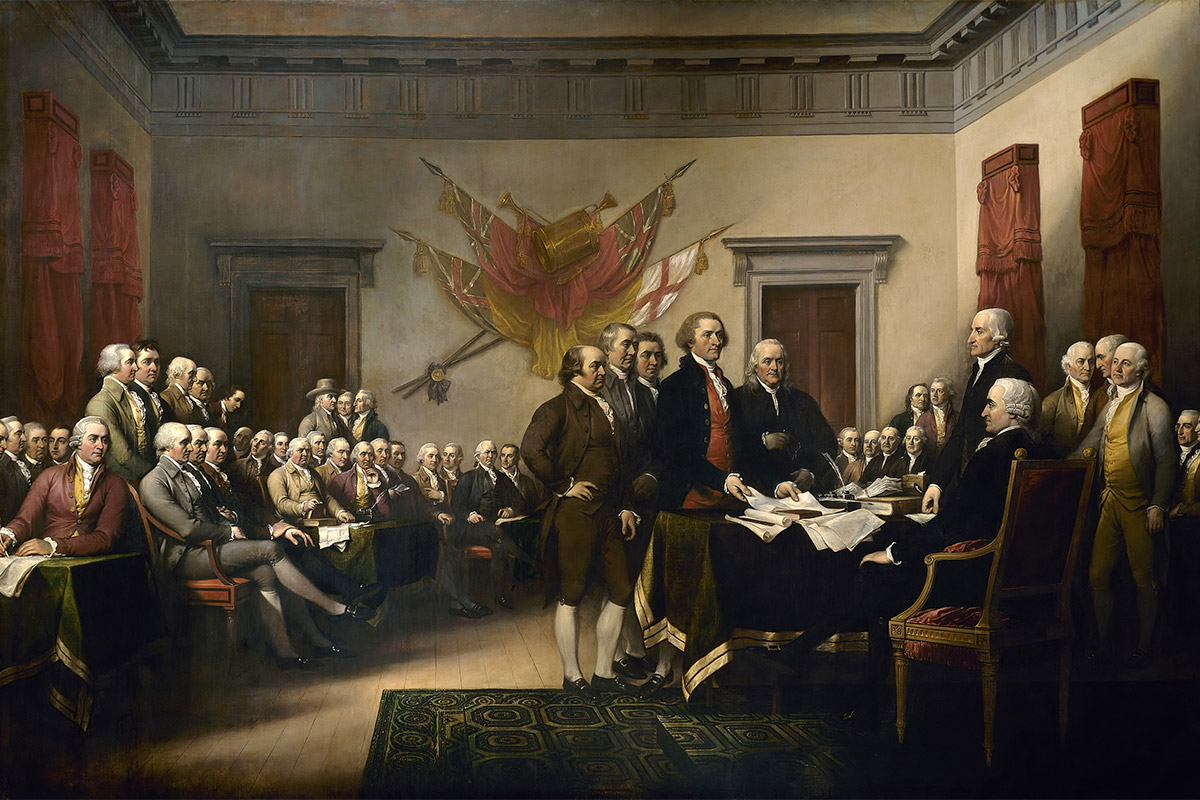Declaration of Independence, painting created by artist John Trumbull in 1818, depicts the moment on June 28, 1776, when the first draft of the Declaration of Independence was presented to the Second Continental Congress. The document stated the principles for which the Revolutionary War was being fought, which remain fundamental to the nation. The Declaration was officially adopted, July 4, 1776 and later signed on Aug. 2, 1776.