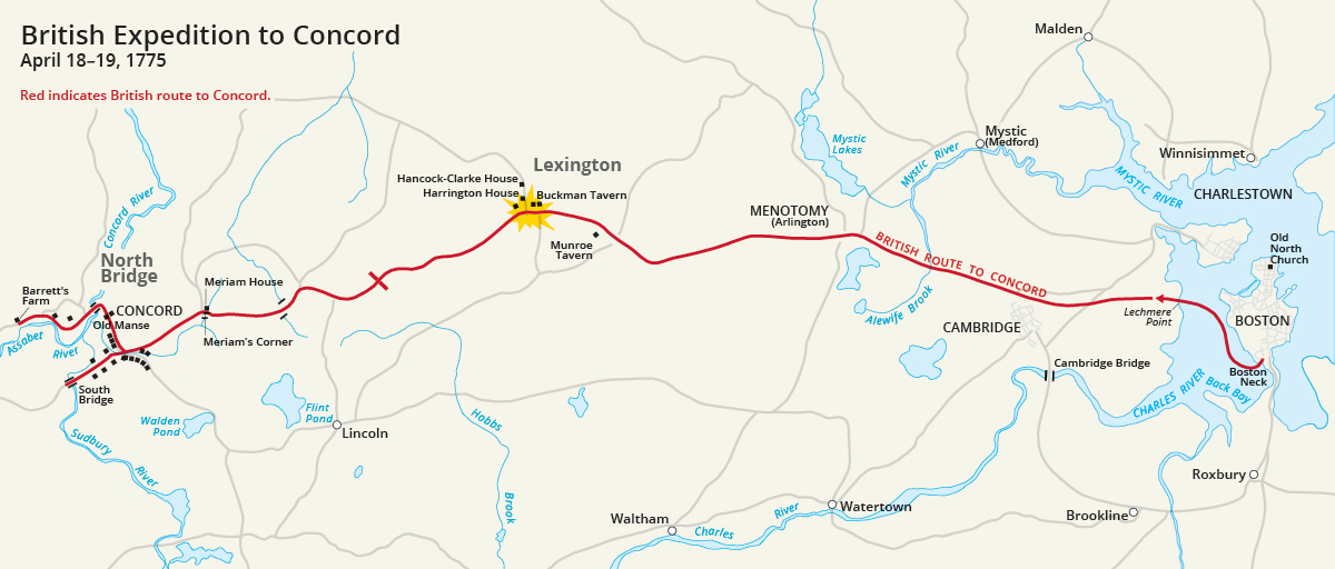 This is a map showing the route of British troops during their expedition to seize and destroy Patriot munitions in Concord, Mass. This led to the Battles of Lexington and Concord on April 19, 1775.