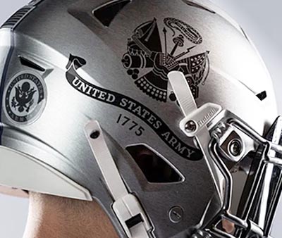 uniform feature - rocky the bulldog logo on helmet