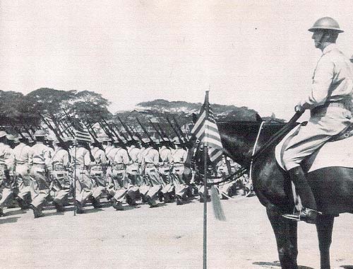 General Wainwright reviews American and Philippine troops at Fort McKinley in July 1941. (Courtesy US Army Ft Polk Museum)