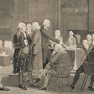 Congress Voting the Declaration of Independence. Originally painted by Robert Edge, the image was engraved by Edward Savage, which shows men gathered in the assembly room of the Pennsylvania State House, presently known as Independence Hall, in Philadelphia. Completed figures include John Adams, Roger Sherman, James Wilson, and Thomas Jefferson handing a document to John Hancock, president of the Congress. Seated in the front from left to right are Samuel Adams, Robert Morris, Benjamin Franklin (in a Windsor chair), Charles Carroll and Stephen Hopkins (wearing a dark hat). (Source; American Antiquarian Society catalog, 2008). (Courtesy of Library of Congress, Prints and Photographs Division)