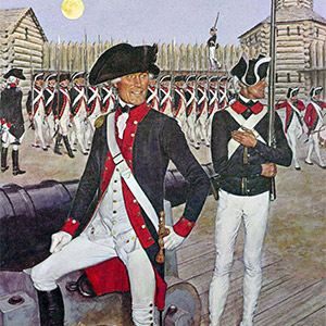 The American Soldier, 1786, created by H. Charles McBarron Jr., depicts the Army uniform, adopted by the secretary of war and approved by Gen. George Washington in December 1782. It consisted of a blue coat with red facing, white lining and buttons for the infantry, and red lining and yellow buttons for the artillery.
