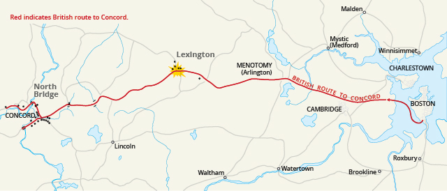 This is a map showing the route of British troops during their expedition to seize and destroy Patriot munitions in Concord, Mass. This led to the Battles of Lexington and Concord on April 19, 1775.