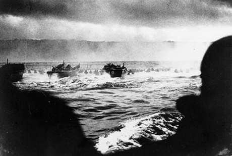 A convoy of landing crafts near the beach at Normandy.