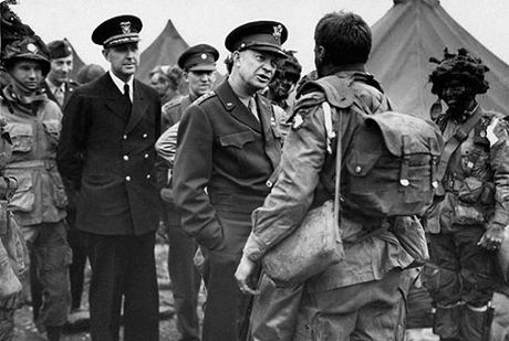 Gen. Dwight D. Eisenhower, speaks with paratroopers of the 101st Airborne Division