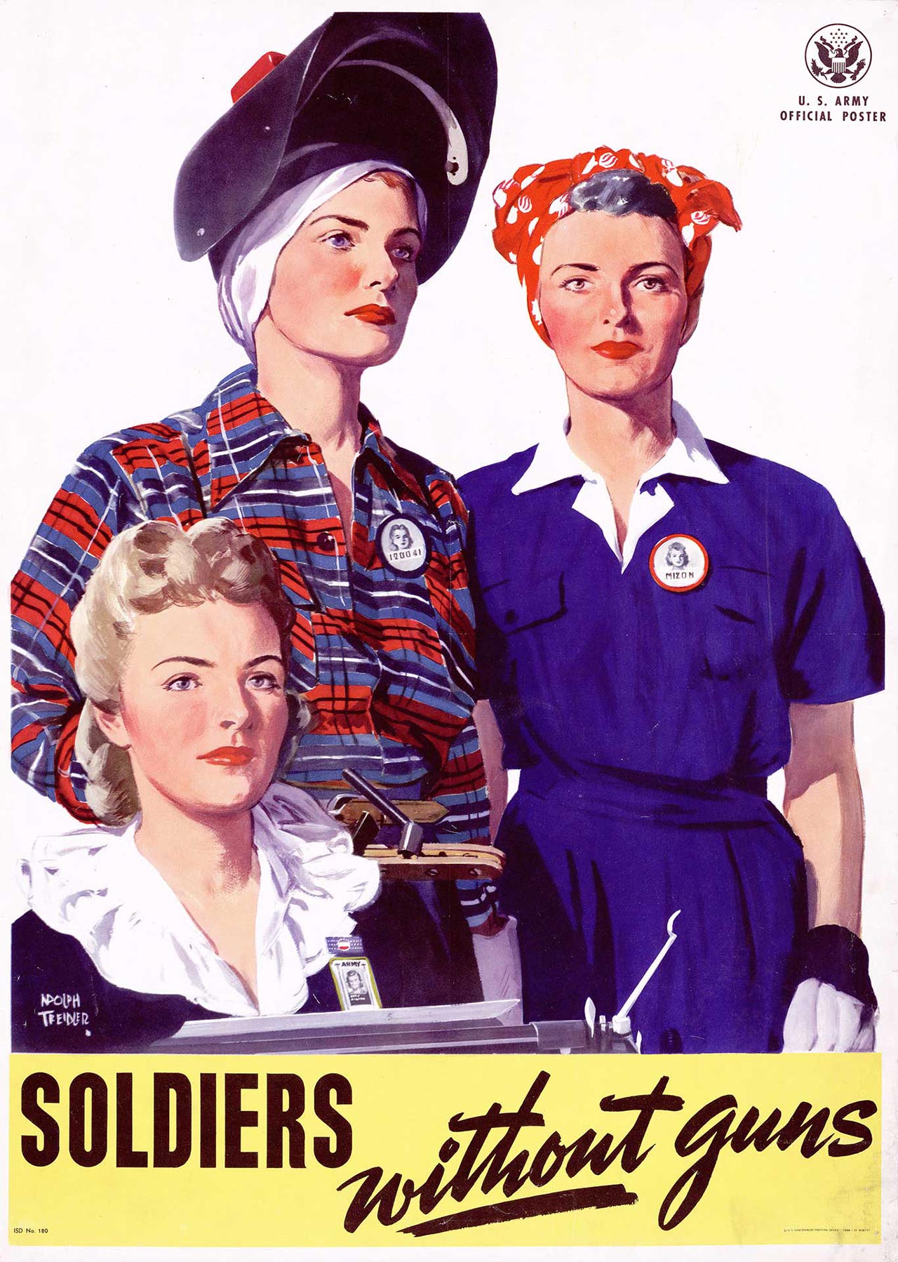 U.S. Army World War II era poster portraying three women dressed for office work, industrial work, and manufacturing work, respectively, reading “Soldiers without guns,” suggesting women in the workforce are as important to the war effort as Soldiers on the front lines.
