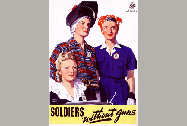 U.S. Army World War II era poster portraying three women dressed for office work, industrial work, and manufacturing work, respectively, reading “Soldiers without guns,” suggesting women in the workforce are as important to the war effort as Soldiers on the front lines.