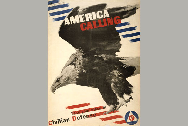 A World War II era poster depicting a bald eagle in flight reading, “America Calling – Take your place in Civilian Defense,” encouraging Americans to join the Civil Defense effort.