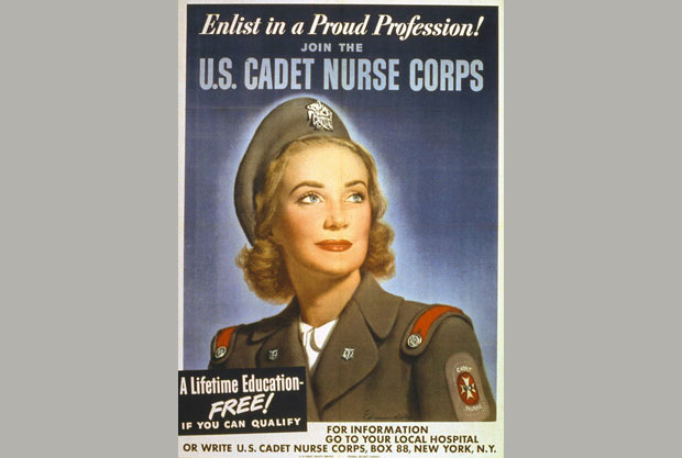 A World War II era poster depicting an exceptionally attractive woman in an Army uniform reading, “Enlist in a Proud Profession! Join the U.S. Cadet Nurse Corps. A lifetime Education Free! If you can qualify.” There is also an address listed.