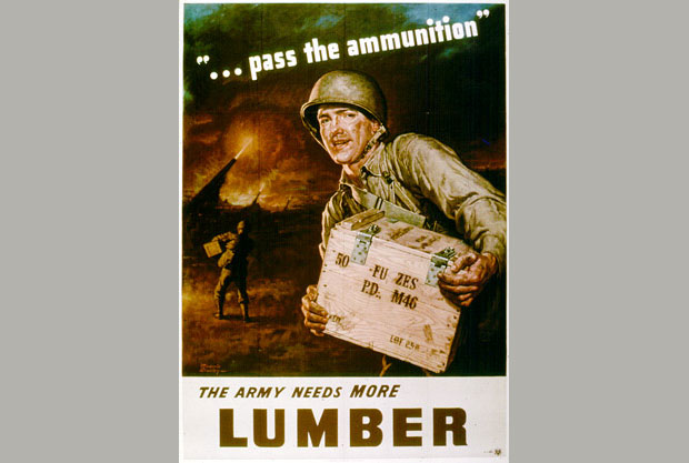 A World War II era poster depicting a Soldier in battle carrying a wooden crate reading, “Pass the ammunition. The Army needs more lumber,” encouraging members of the U.S. timber industry to continue to produce lumber at a high rate.