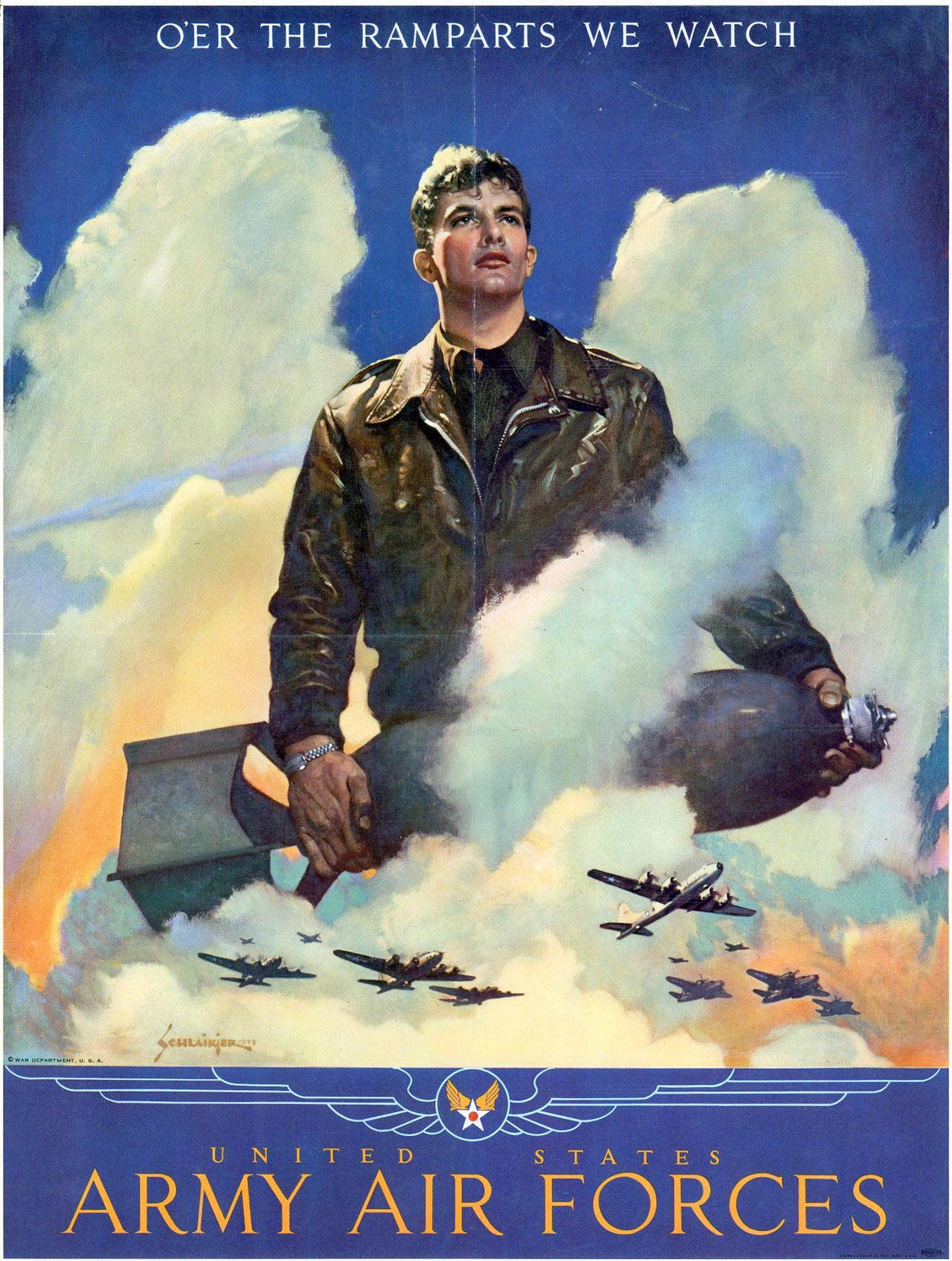 A World War II era poster depicting a handsome young man in wearing a flight jacket, with bombers in the background reading, “O'er the ramparts we watch. United States Army Air Forces,” encouraging young men to volunteer to serve in the Air Corps.
