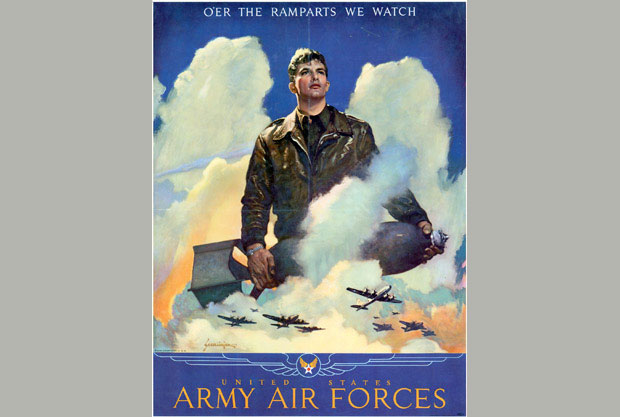 A World War II era poster depicting a handsome young man in wearing a flight jacket, with bombers in the background reading, “O’er the ramparts we watch. United States Army Air Forces,” encouraging young men to volunteer to serve in the air corps.