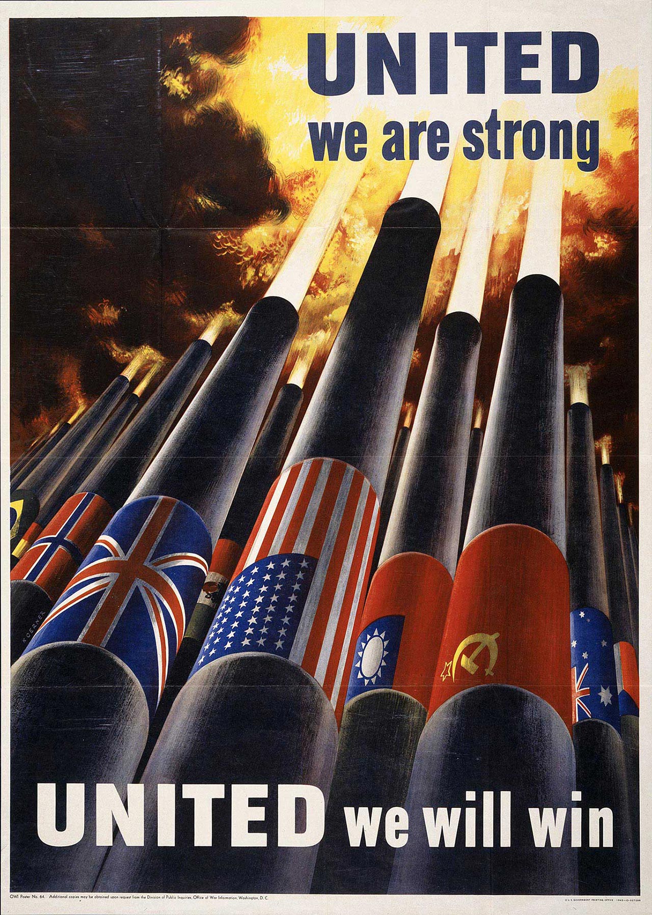 A World War II era poster depicting multiple artillery guns firing, each with an Allied flag on it reading, “United we are strong. United we will win,” suggesting the alliance comprised of Norway, Great Britain, the United States, China, the Soviet Union and Australia is strong enough to win the war.
