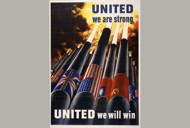A World War II era poster depicting multiple artillery guns firing, each with an Allied flag on it reading, “United we are strong. United we will win,” suggesting the alliance comprised of Norway, Great Britain, the United States, China, the Soviet Union and Australia is strong enough to win the war.