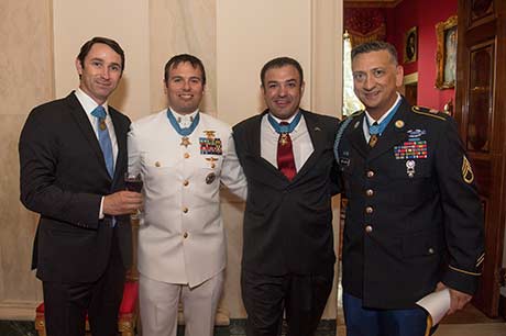 Staff Sgt. David G. Bellavia joins other Medal of Honor recipients, (from left to right) Capt. William Swenson (left), Master Chief Edward Byers Jr., and Sgt. 1st Class Leroy Petry at the White House, Washington, D.C., June 25, 2019. Bellavia was awarded the Medal of Honor for actions while serving as a squad leader with the 1st Infantry Division in support of Operation Phantom Fury in Fallujah, Iraq when a squad from his platoon became trapped by intense enemy fire. (U.S. Army Photo by Sgt. Kevin Roy)