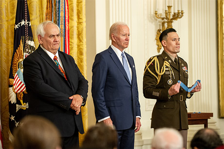 President Joe Biden stands with Dwight Birdwell during the reading of a Medal of Honor citation at ceremony in the East Room of the White House on July 5, 2022. (U.S. Army photo by Sgt. Henry Villarama)