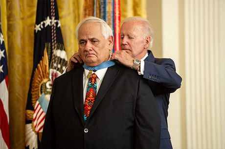 President Joe Biden awards the Medal of Honor to Dwight Birdwell for his actions on January 31, 1968, during the Vietnam War, during a ceremony in the East Room of the White House on July 5, 2022. (U.S. Army photo by Sgt. Henry Villarama)