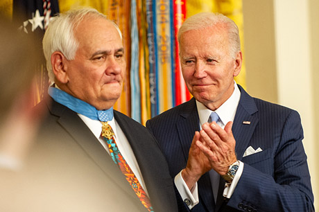 President Joe Biden gives applause to Dwight Birdwell after presenting him with the Medal of Honor Birdwell for his actions on January 31, 1968, during the Vietnam War, during a ceremony in the East Room of the White House on July 5, 2022. (U.S. Army photo by Sgt. Henry Villarama)